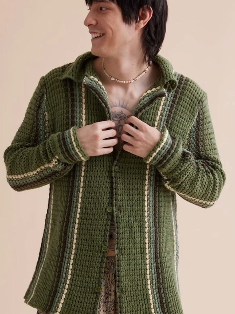 Earthbound Trading Co Green Striped Waffle Knit Men's Sweater Shirt